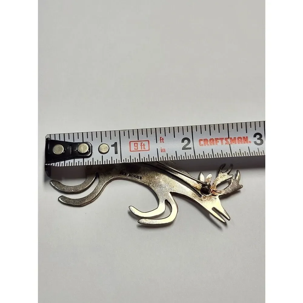 Sterling Silver Native American Artist Dee Morris Brooch Stag Deer Turquoise Eye